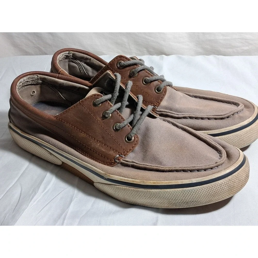 Sperry Top-Sider Bahama II Mens 10.5 Boat Shoes Tan Brown Canvas Leather STS1986